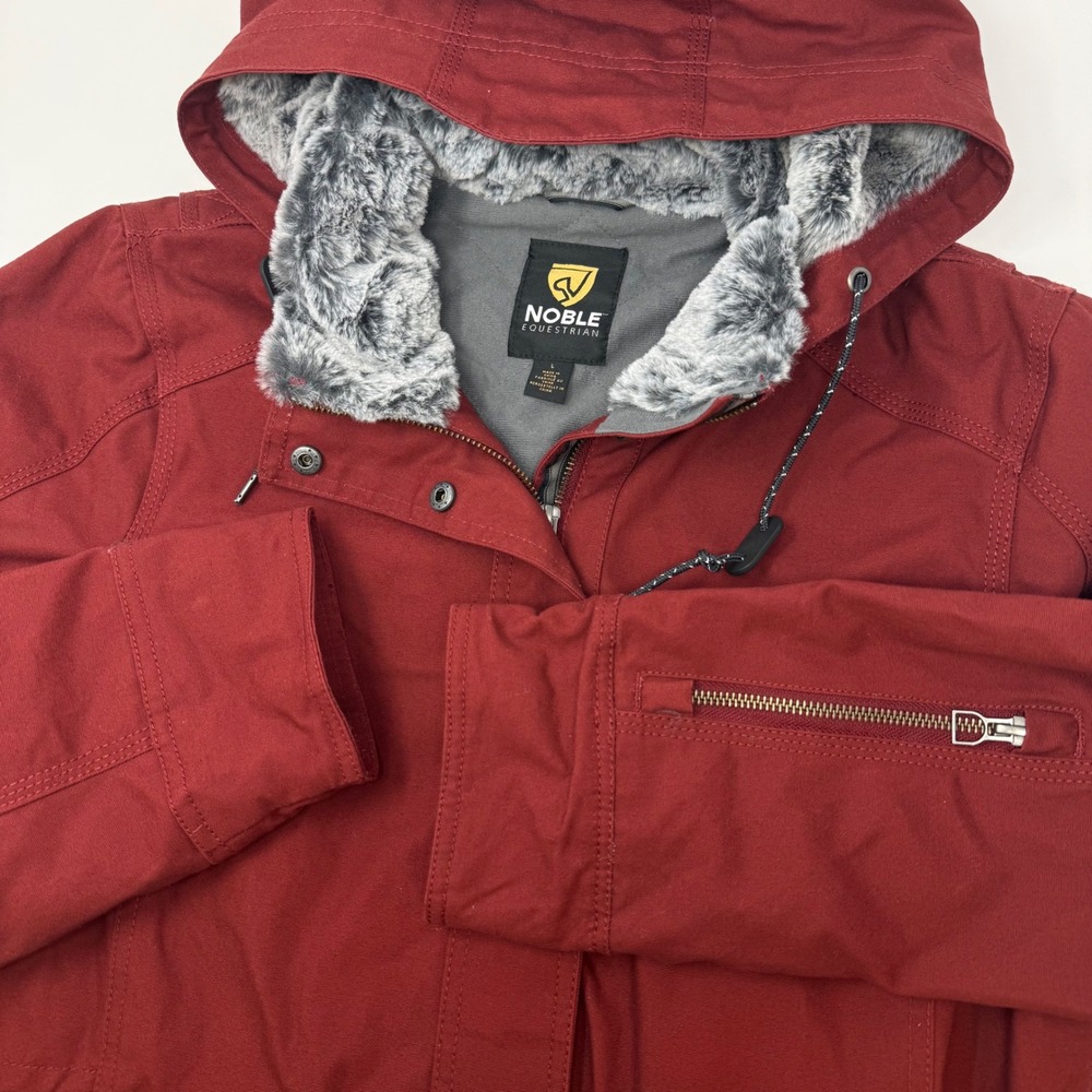 Noble Equestrian Womens Large Red Canvas Utility Jacket Faux‎ Fur Hood Cotton